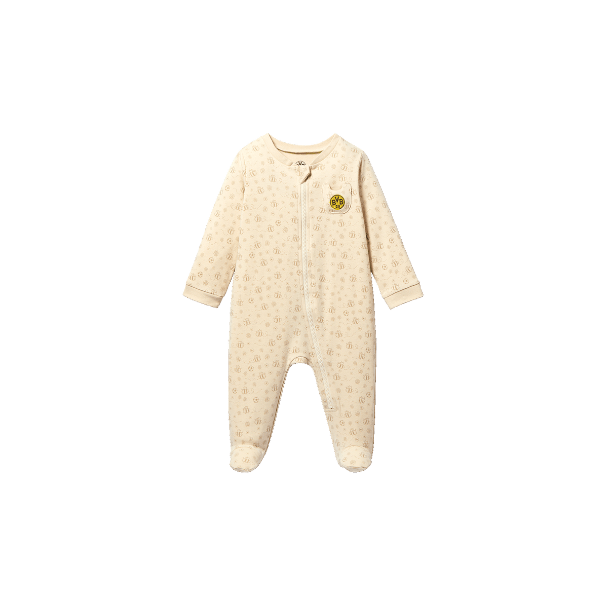Beiger Baby-Schlafanzug mit durchgehendem Reißverschluss und BVB-Emblem auf der Brust, ideal für kleine Borussia Dortmund Fans.