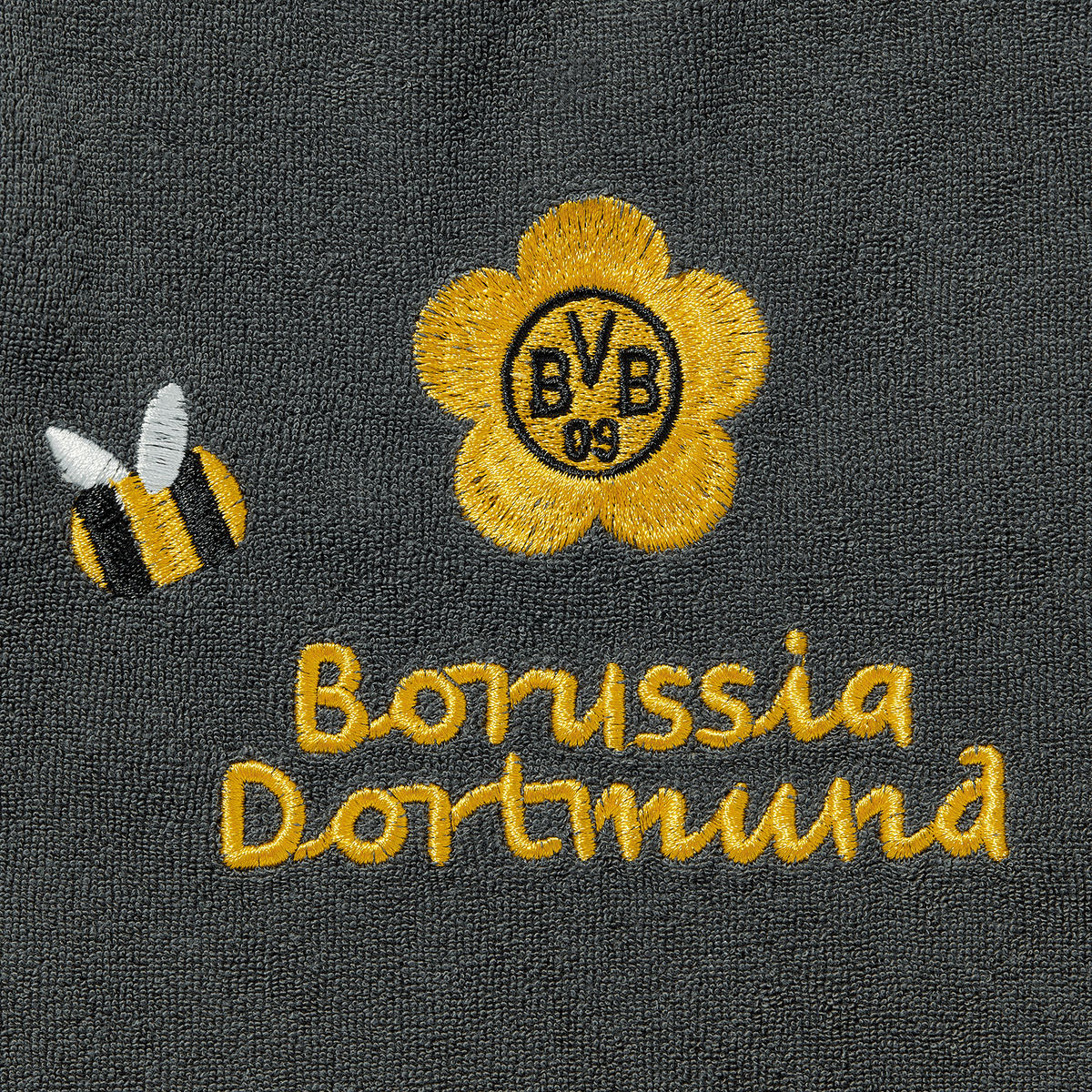Black BVB bib featuring an embroidered Borussia Dortmund logo, a yellow flower, and a black-and-yellow bee as design elements.