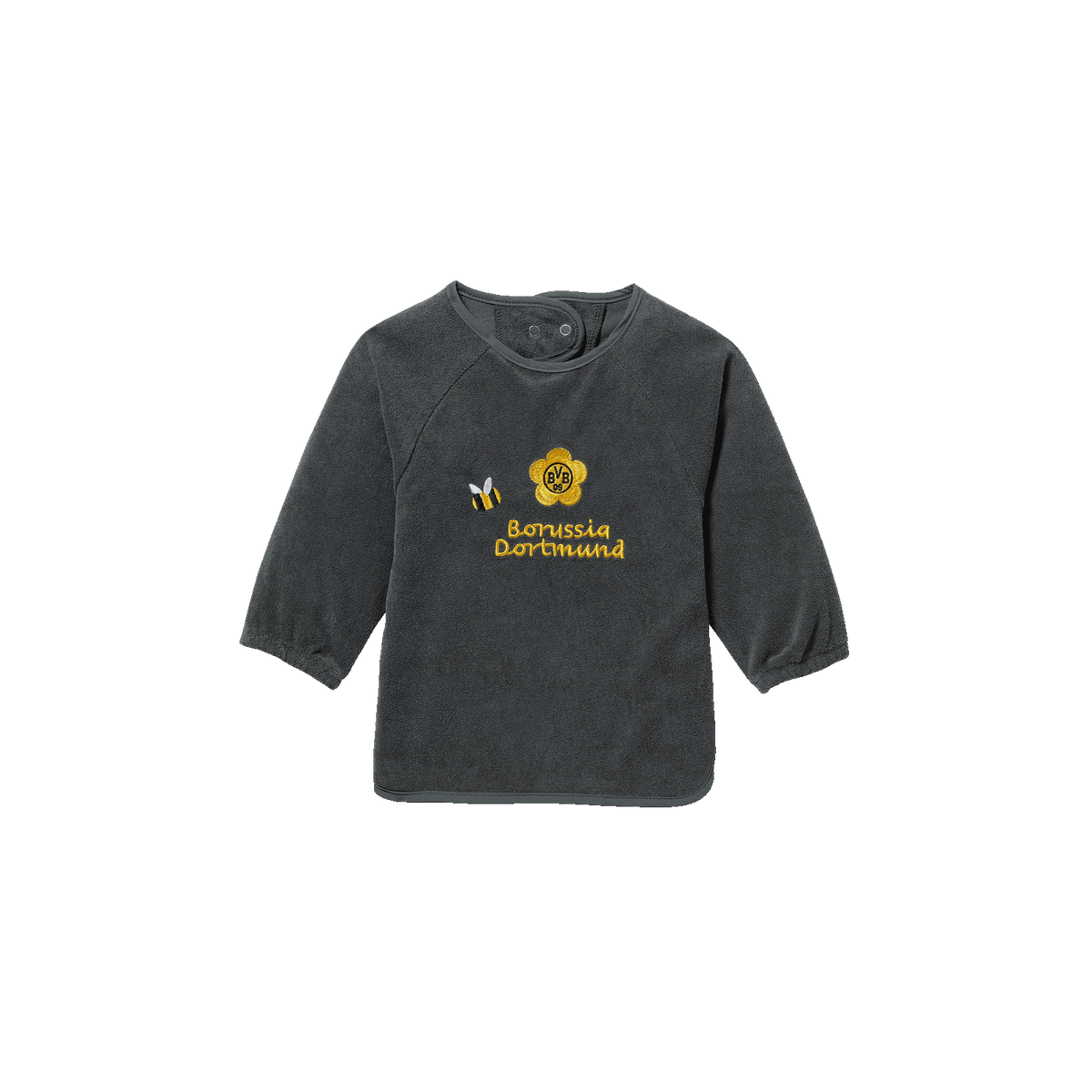 Babero para bebé en negro y amarillo con el logotipo del BVB y una abeja bordada, ideal para los pequeños aficionados del Borussia Dortmund.