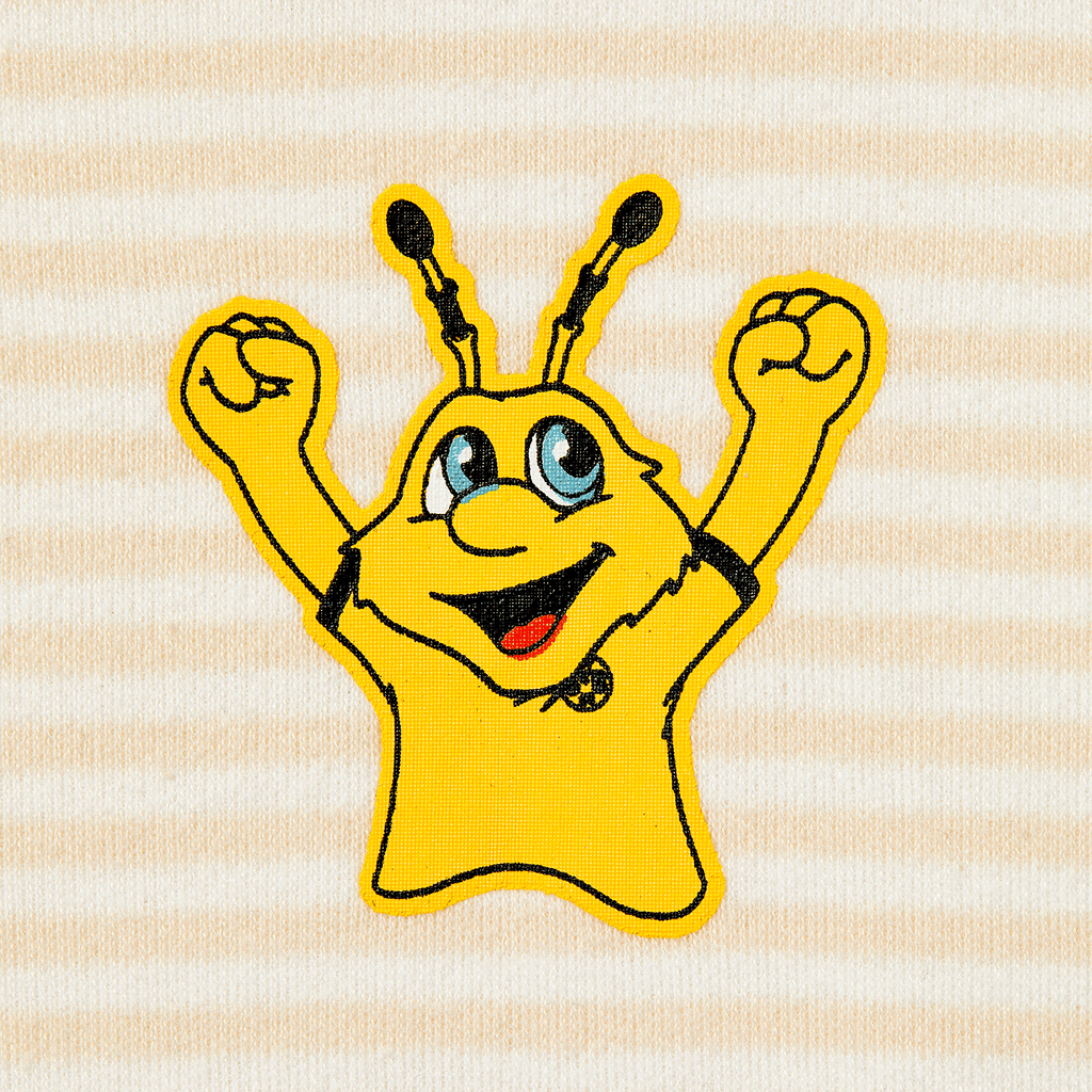 BVB Baby-Kleinkinder T-Shirt mit EMMA-Maskottchen; gelbes Maskottchen auf gestreiftem Hintergrund, perfekt für kleine Borussia Dortmund Fans.