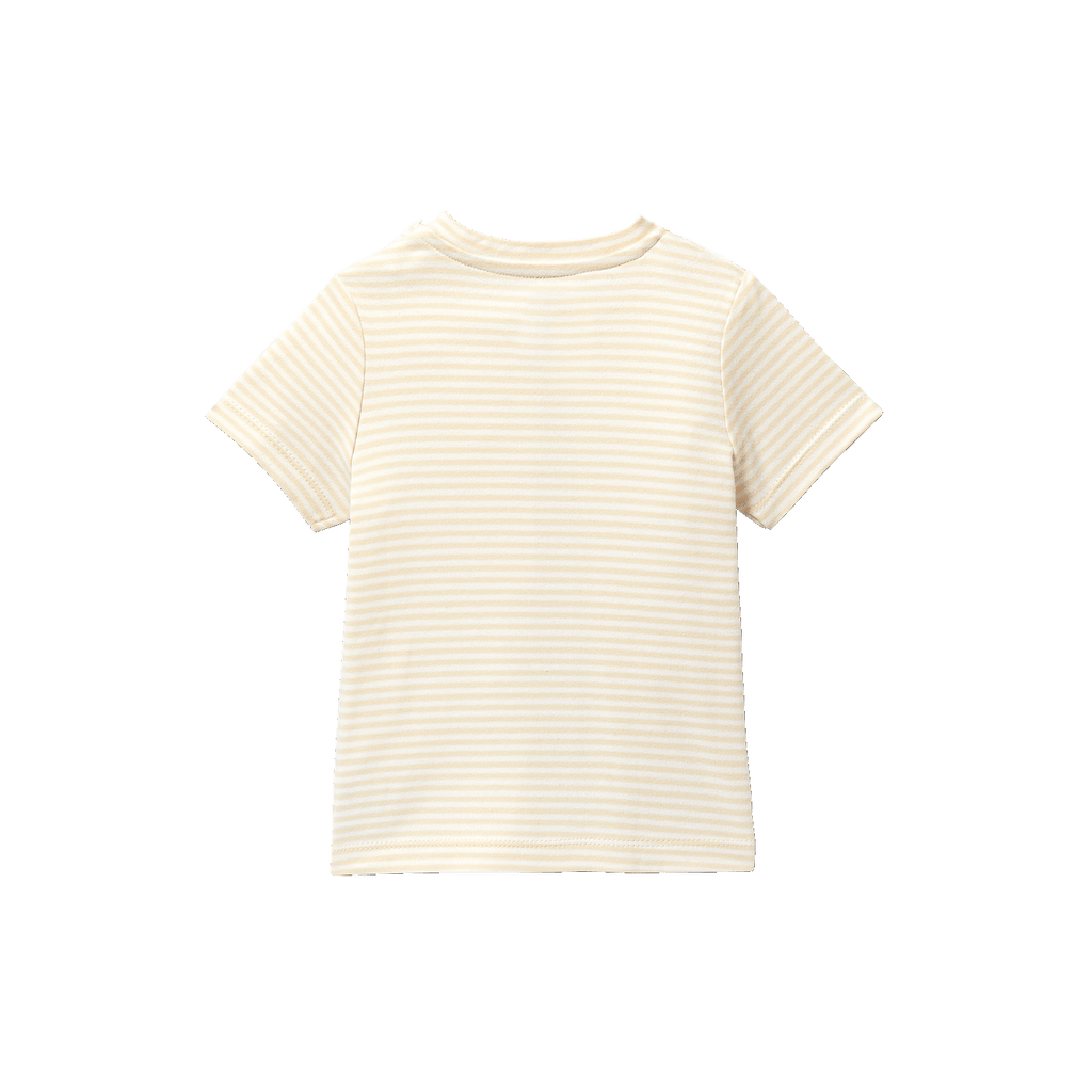 Cremefarbenes BVB T-Shirt für Baby und Kleinkinder mit feinem Streifenmuster und kurzen Ärmeln in Vorderansicht.