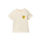 Hellbeiges BVB T-Shirt für Baby und Kleinkinder mit gelb-schwarzem EMMA-Logo auf der Vorderseite und dezentem Streifenmuster.