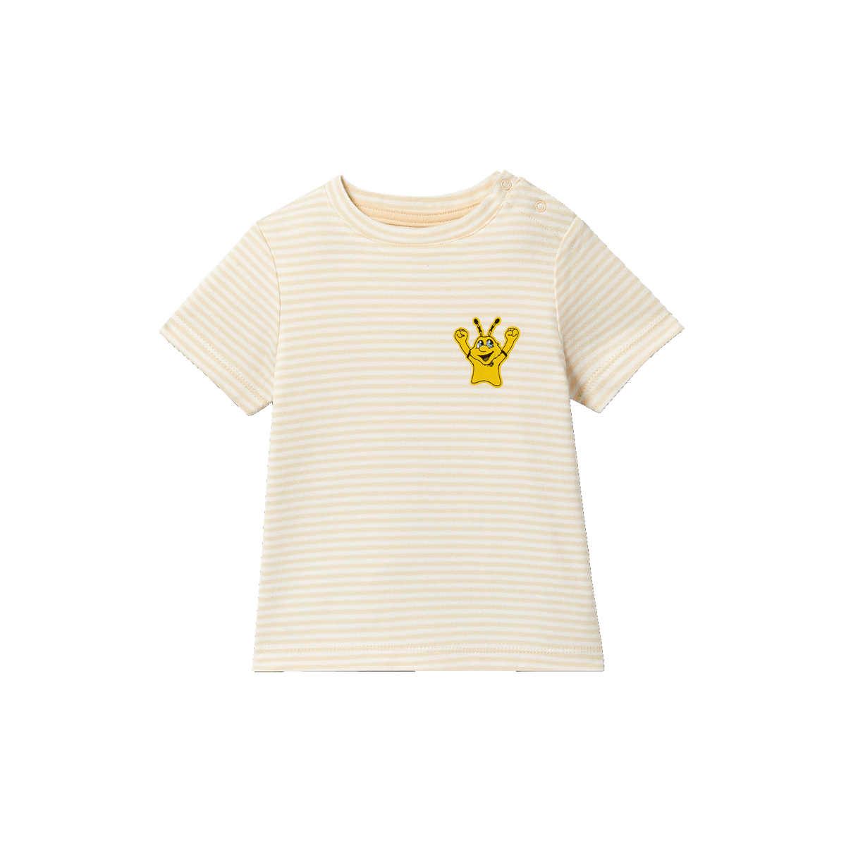 Hellbeiges BVB T-Shirt für Baby und Kleinkinder mit gelb-schwarzem EMMA-Logo auf der Vorderseite und dezentem Streifenmuster.