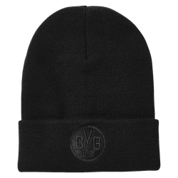 Black Borussia Dortmund beanie with a subtle embroidered BVB 09 logo, perfect for fans.