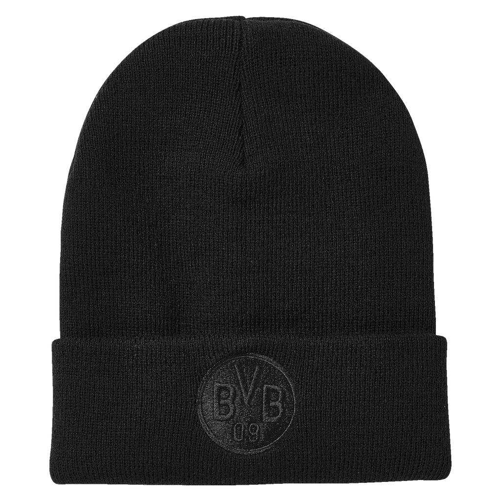 Gorro negro tipo «beanie» del Borussia Dortmund con un discreto logotipo «BVB 09» bordado, ideal para los aficionados.