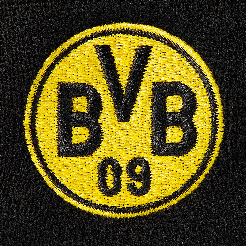 Cappellino reversibile nero e giallo del BVB per bambini con grande logo BVB ricamato, ideale per i tifosi del Borussia Dortmund.