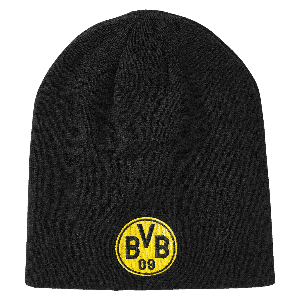 Berretto nero reversibile per bambini con logo giallo del BVB, un accessorio ufficiale per i tifosi del Borussia Dortmund.