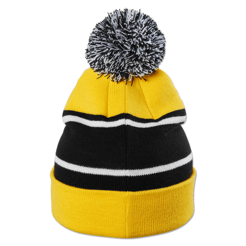 Bonnet à pompon noir et jaune du BVB, orné de rayures blanches et d'un grand pompon noir et blanc, idéal pour les supporters et les froides journées d'hiver.