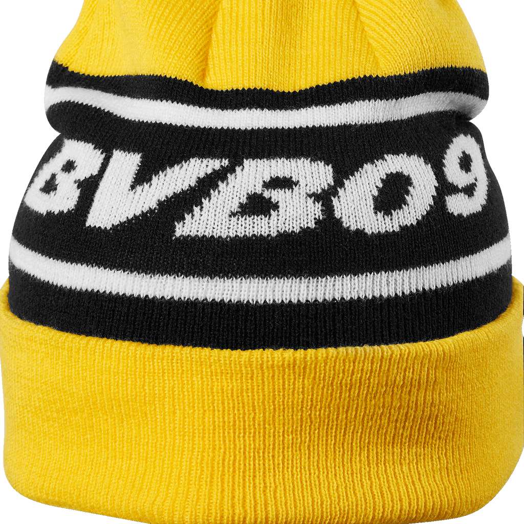 BVB-Bommelmütze in schwarzgelbem Design mit BVB09-Schriftzug. Perfekt für Fans von Borussia Dortmund.