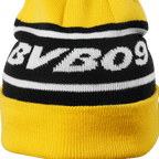BVB-Bommelmütze in schwarzgelbem Design mit BVB09-Schriftzug. Perfekt für Fans von Borussia Dortmund.