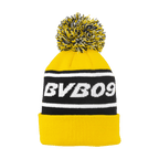 Schwarzgelbe BVB-Bommelmütze mit auffälligem BVB09-Schriftzug und Bommel, ideal für Fans von Borussia Dortmund.