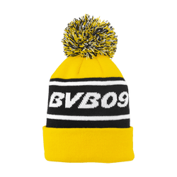 Schwarzgelbe BVB-Bommelmütze mit auffälligem BVB09-Schriftzug und Bommel, ideal für Fans von Borussia Dortmund.