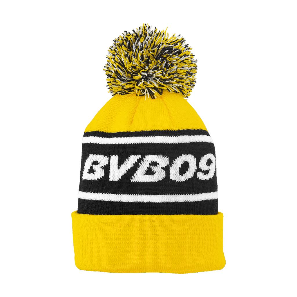 Schwarzgelbe BVB-Bommelmütze mit auffälligem BVB09-Schriftzug und Bommel, ideal für Fans von Borussia Dortmund.