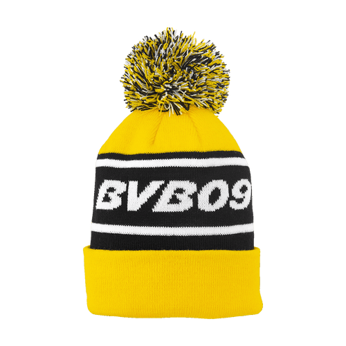 Bonnet à pompon noir et jaune du BVB, orné d'une inscription « BVB09 » bien visible et d'un pompon, idéal pour les supporters du Borussia Dortmund.