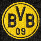 Vista dettagliata di un berretto per bambini del BVB di colore nero con il logo giallo del BVB ricamato e la scritta "BVB 09". Perfetto per i tifosi del Borussia Dortmund.
