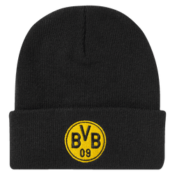 Gorro negro del BVB para niños con el logotipo amarillo del BVB bordado en la parte delantera, ideal para los aficionados del Borussia Dortmund.