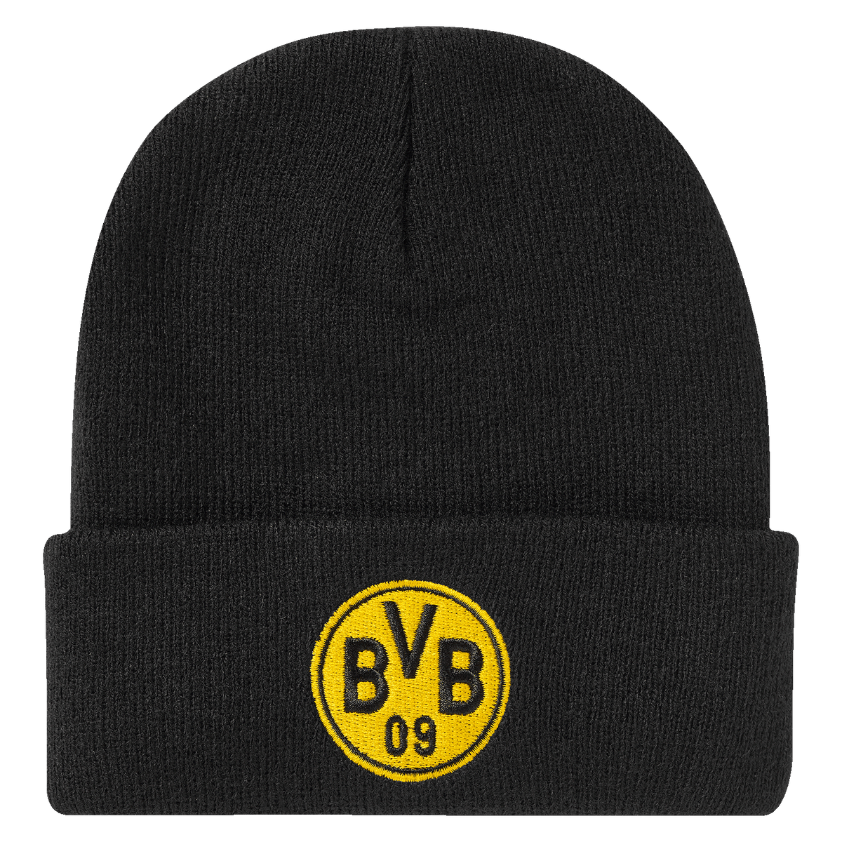前面に黄色のBVBロゴが刺繍された、子供用の黒いBVBビーニー。ボルシア・ドルトムントのファンに最適です。