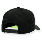 A black baseball cap, viewed from the back, with an adjustable strap.
