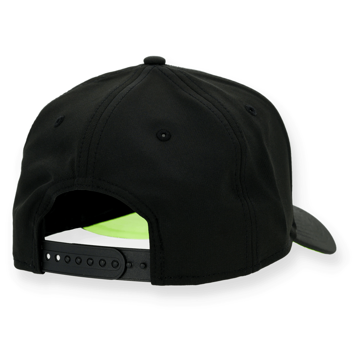 A black baseball cap, viewed from the back, with an adjustable strap.