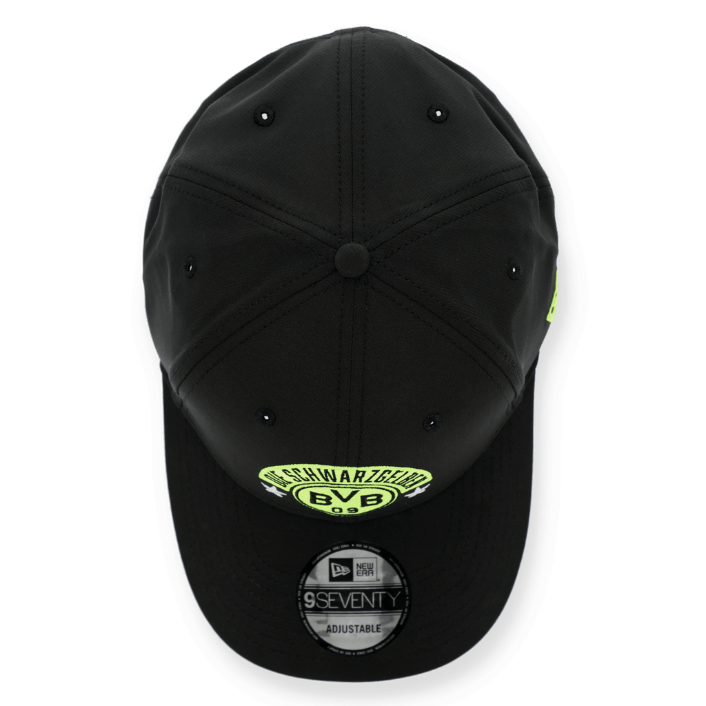 Black Borussia Dortmund cap in the 9SEVENTY design by New Era, featuring neon-colored BVB lettering and emblem; adjustable.