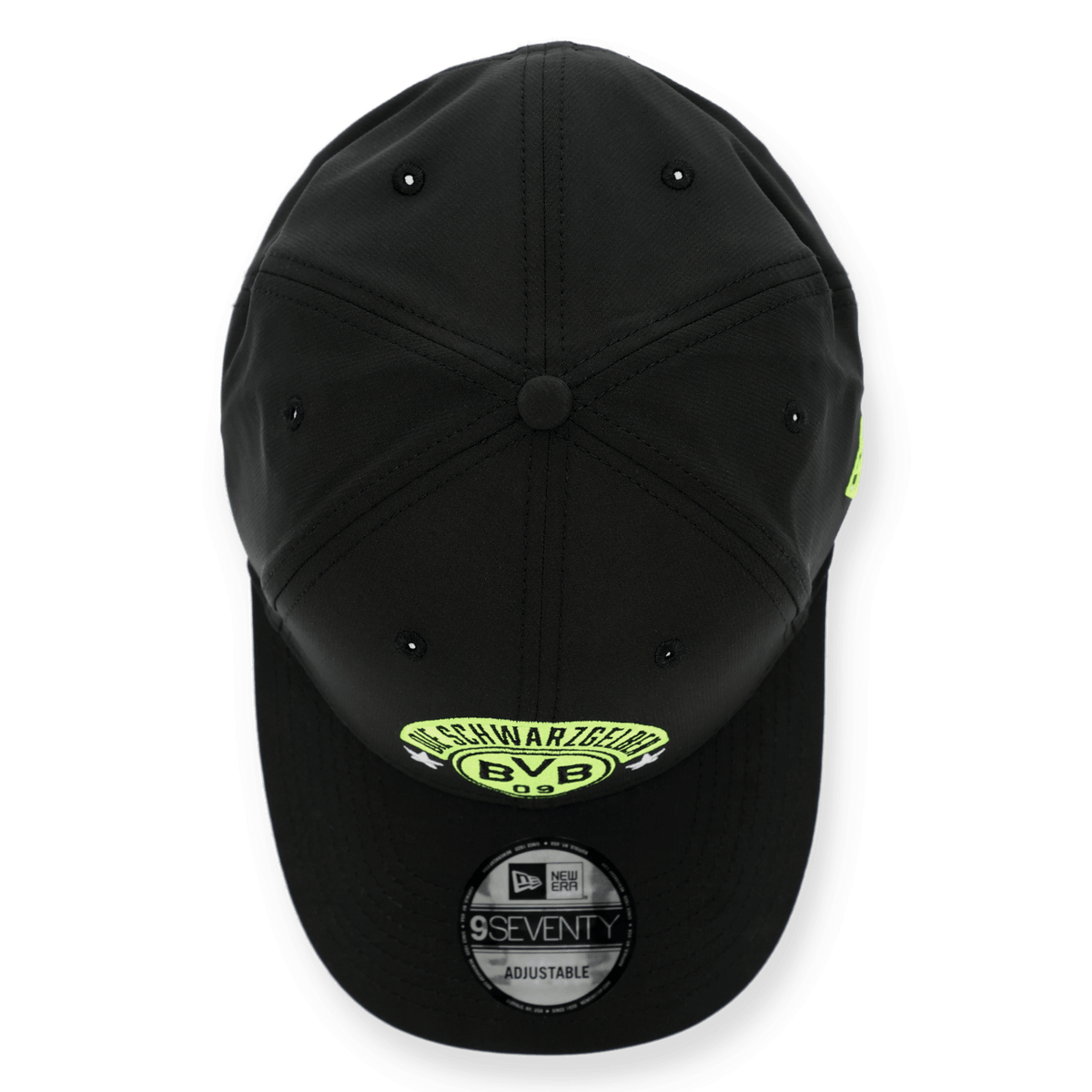 Black Borussia Dortmund cap in the 9SEVENTY design by New Era, featuring neon-colored BVB lettering and emblem; adjustable.