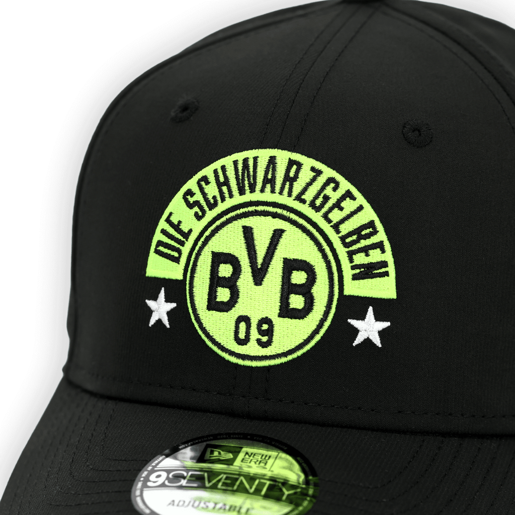 Black BVB cap by New Era with a yellow-green embroidered "Die Schwarzgelben" logo and an adjustable strap.