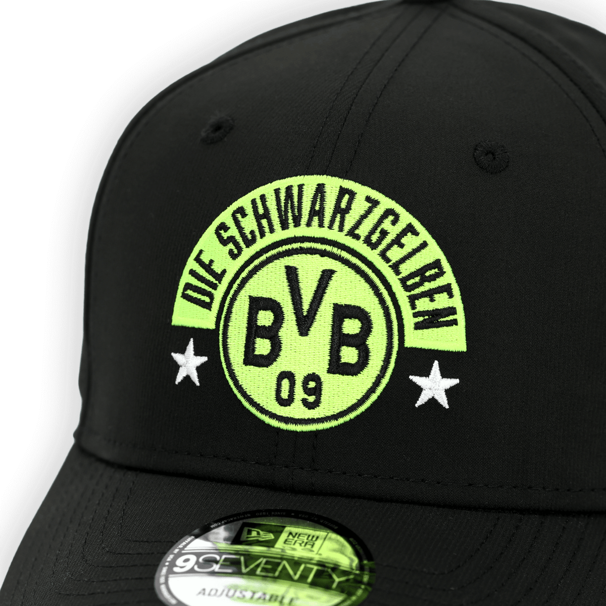 Black BVB cap by New Era with a yellow-green embroidered "Die Schwarzgelben" logo and an adjustable strap.