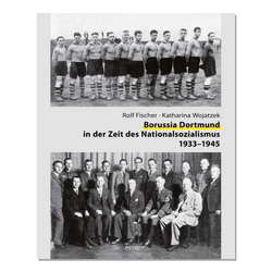 一本名为《1933–1945年纳粹统治时期的多特蒙德足球俱乐部》的书。封面上印有历史照片：一支足球队和一群男子的集会场景。
