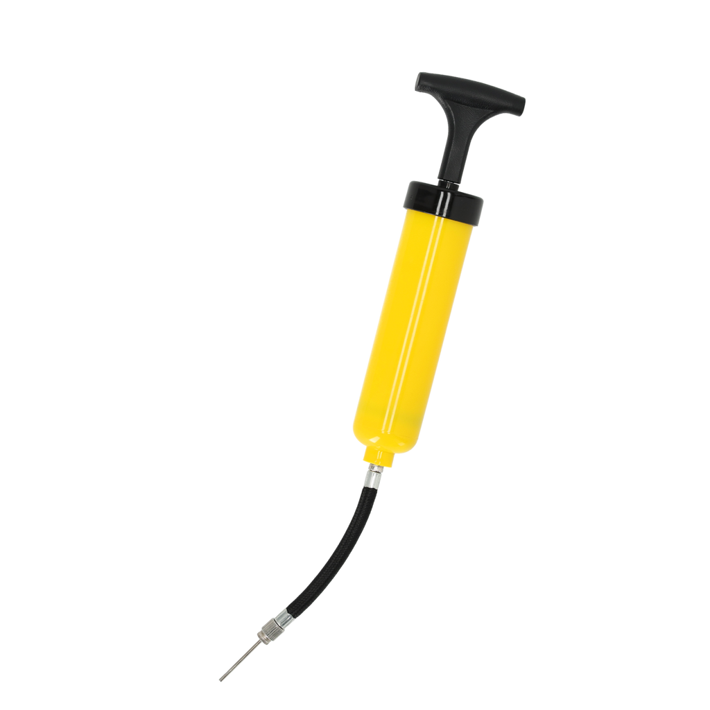Pompe à ballon BVB noire et jaune, avec tuyau flexible et aiguille, idéale pour gonfler les ballons. L'accessoire parfait pour les fans de football.