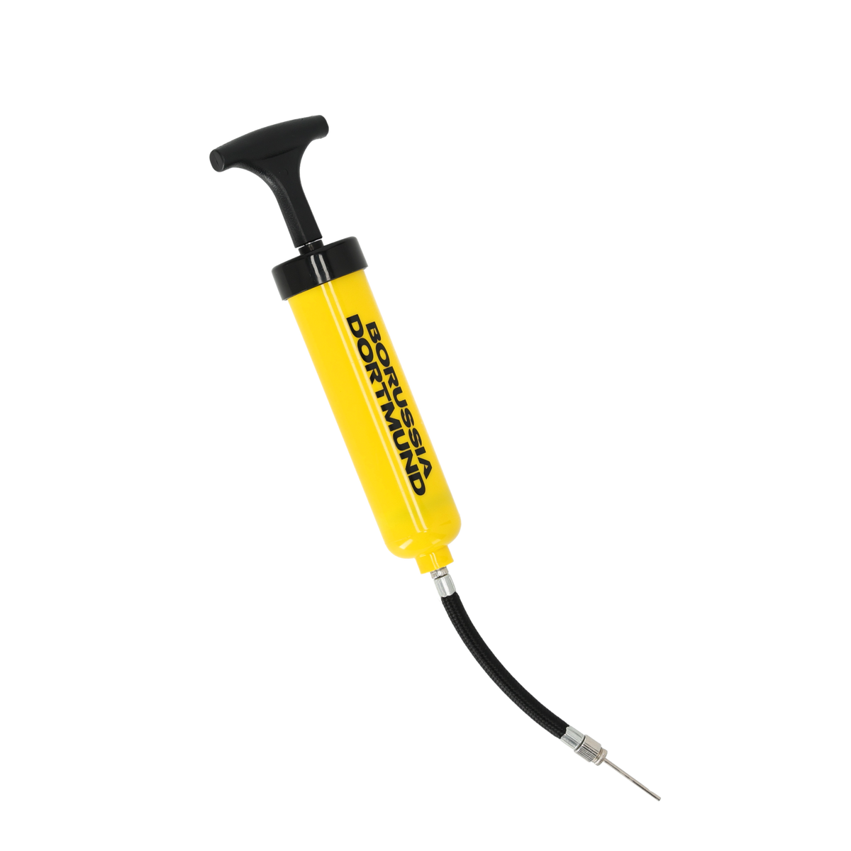Schwarzgelbe BVB-Ballpumpe mit Borussia Dortmund-Schriftzug und flexiblem Schlauch, perfekt für das Aufpumpen von Bällen.