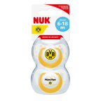 Schnullerset NUK Star mit BVB-Design, bestehend aus zwei Schnullern in Gelb und Weiß mit BVB-Logo und 'MiniFan'-Aufschrift, geeignet für Babys von 6-18 Monaten.