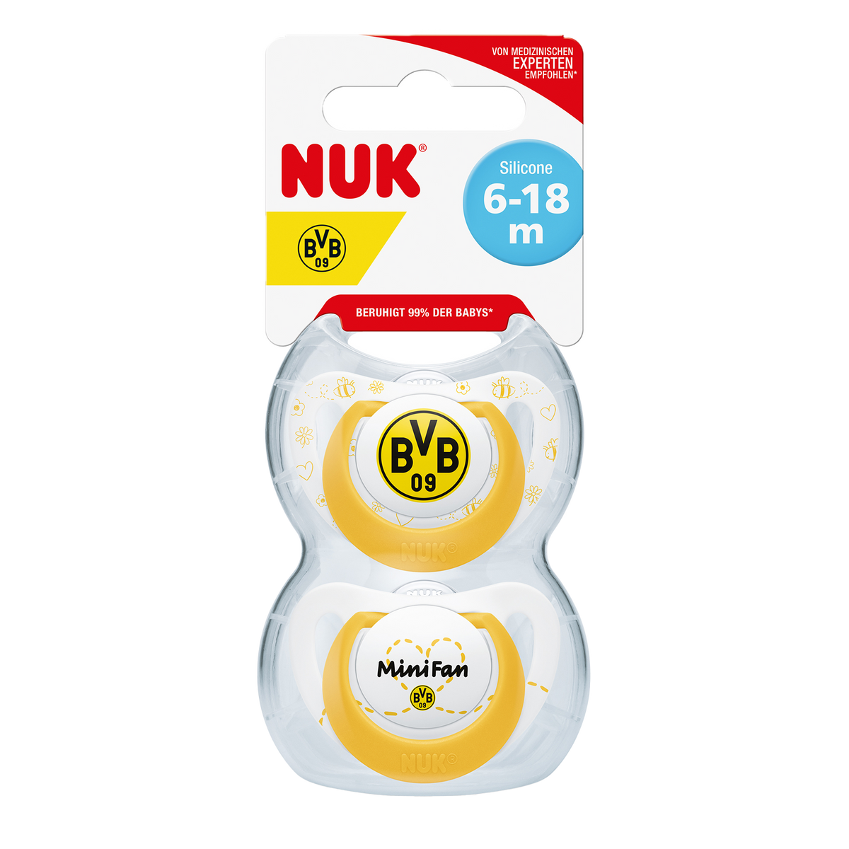 Schnullerset NUK Star mit BVB-Design, bestehend aus zwei Schnullern in Gelb und Weiß mit BVB-Logo und 'MiniFan'-Aufschrift, geeignet für Babys von 6-18 Monaten.