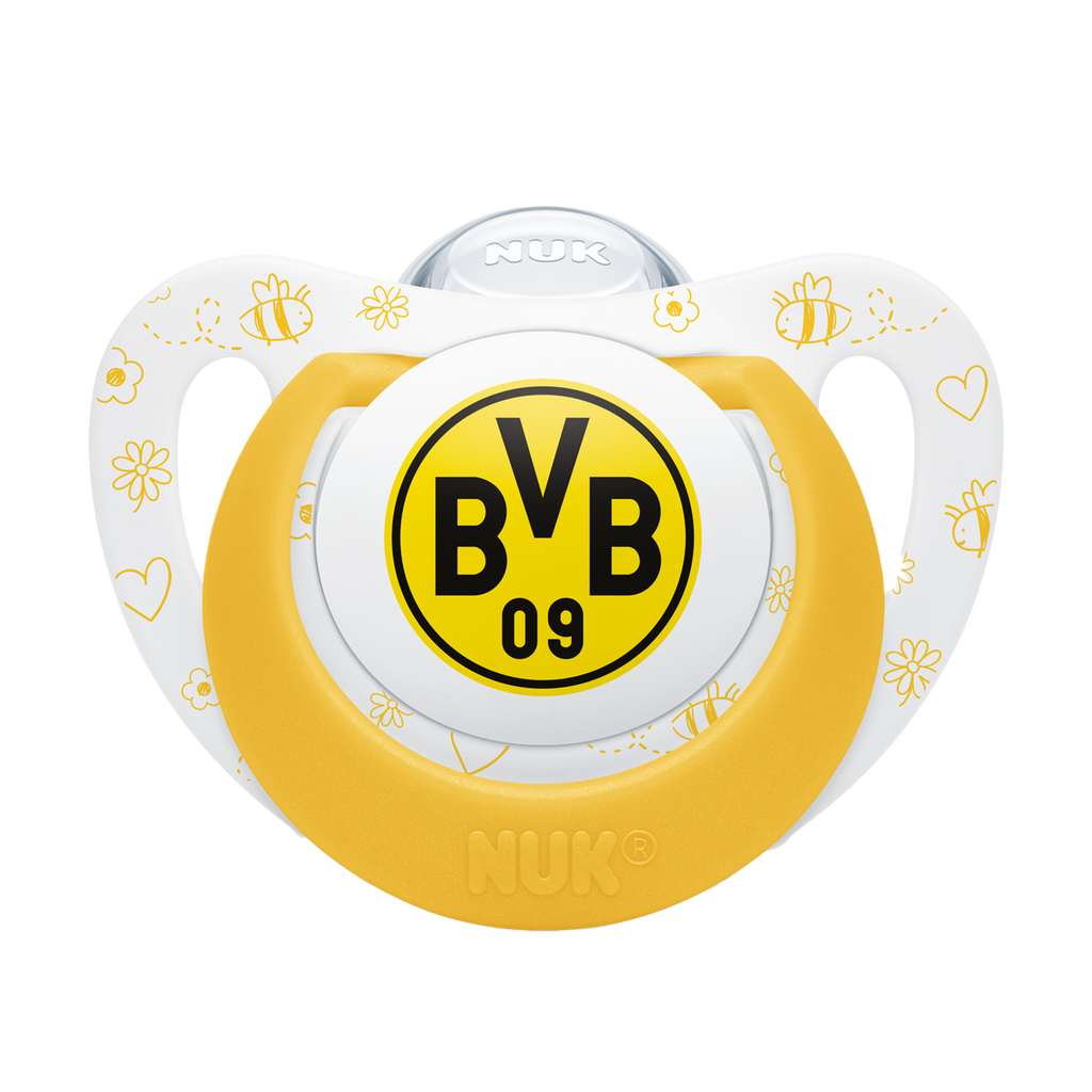 BVB-Schnullerset von NUK mit schwarzgelbem Design, BVB-Logo und dekorativen Mustern aus Blumen und Bienen.