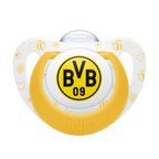 BVB-Schnullerset von NUK mit schwarzgelbem Design, BVB-Logo und dekorativen Mustern aus Blumen und Bienen.