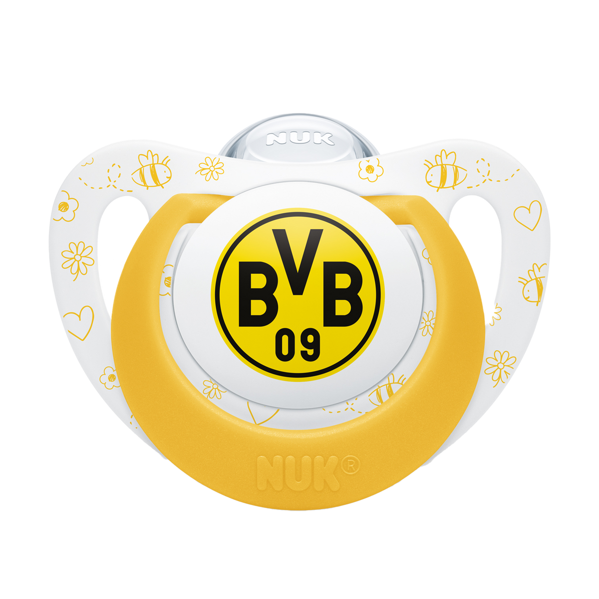 BVB-Schnullerset von NUK mit schwarzgelbem Design, BVB-Logo und dekorativen Mustern aus Blumen und Bienen.