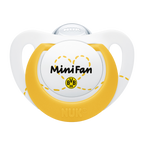 Schwarzgelber BVB-Schnuller von NUK mit BVB-Logo und 'Mini Fan' Schriftzug, perfekt für kleine Fans.
