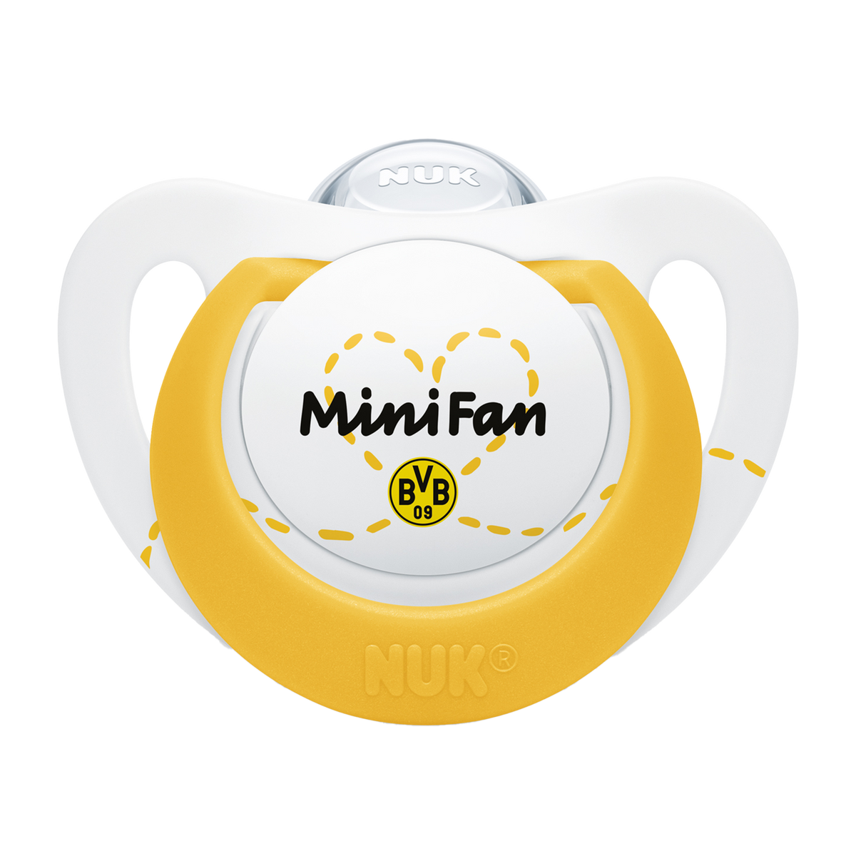 Schwarzgelber BVB-Schnuller von NUK mit BVB-Logo und 'Mini Fan' Schriftzug, perfekt für kleine Fans.