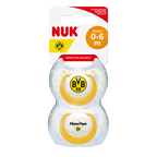Doppelpack Schnuller von NUK in den Farben schwarzgelb mit BVB-Logo und MiniFan-Schriftzug, geeignet für Babys von 0-6 Monaten.