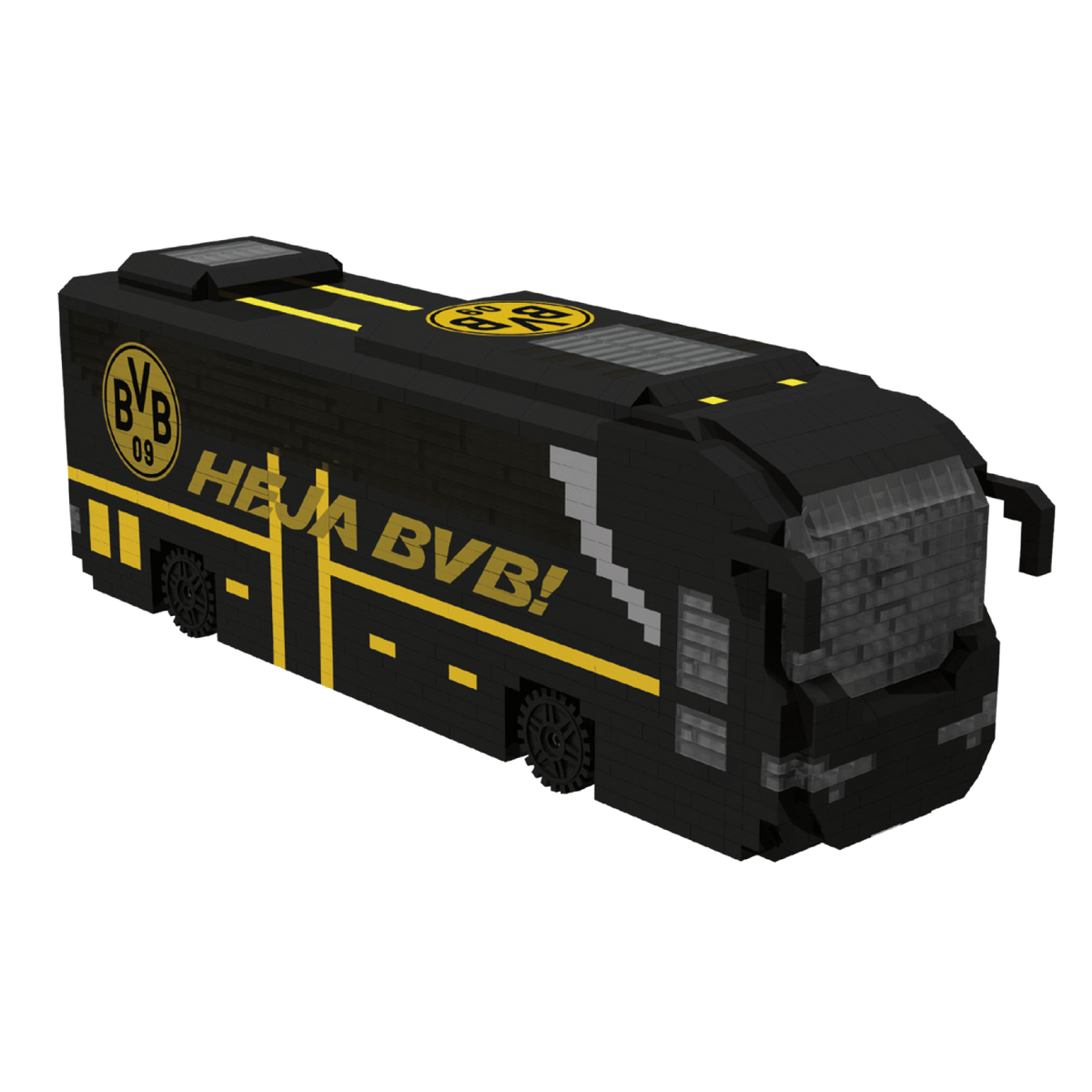 Modellbausatz des BVB-Mannschaftsbusses in schwarzgelbem Design mit BVB-Logo und Heja BVB-Schriftzug, ideal für Fans von Borussia Dortmund.