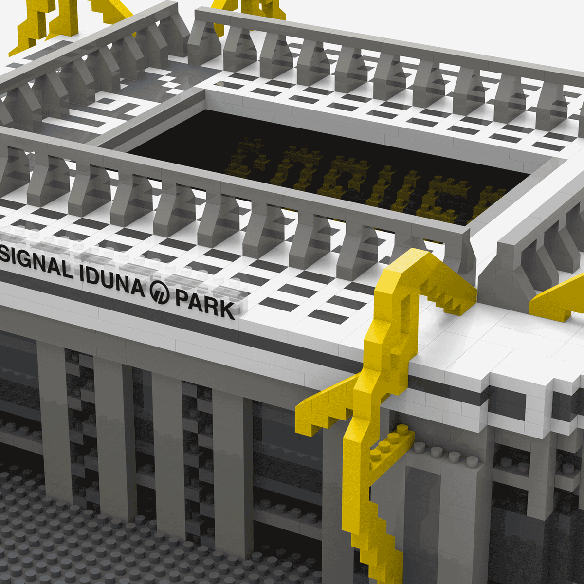 Baukasten-Modell des SIGNAL IDUNA PARKs in schwarzgelb, ideal für Borussia Dortmund Fans und Fußballliebhaber.
