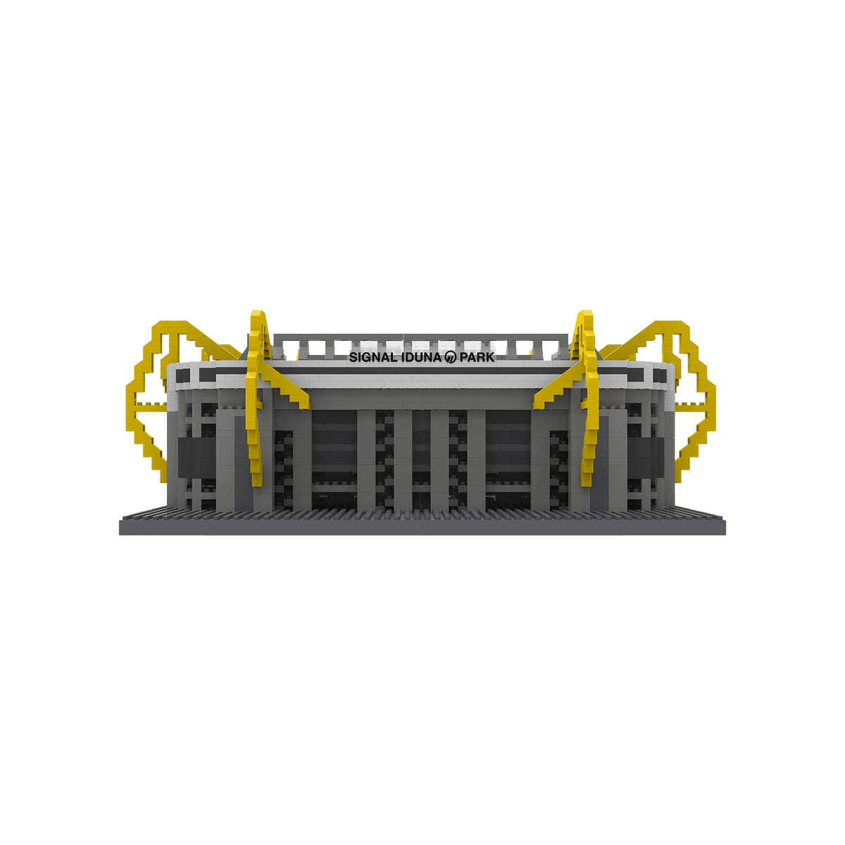Kit de montage « BVB SIGNAL IDUNA PARK » aux couleurs noir et jaune. Maquette fidèle aux détails du stade, avec ses pylônes jaunes emblématiques vus de face. Un article parfait pour les supporters du Borussia Dortmund.