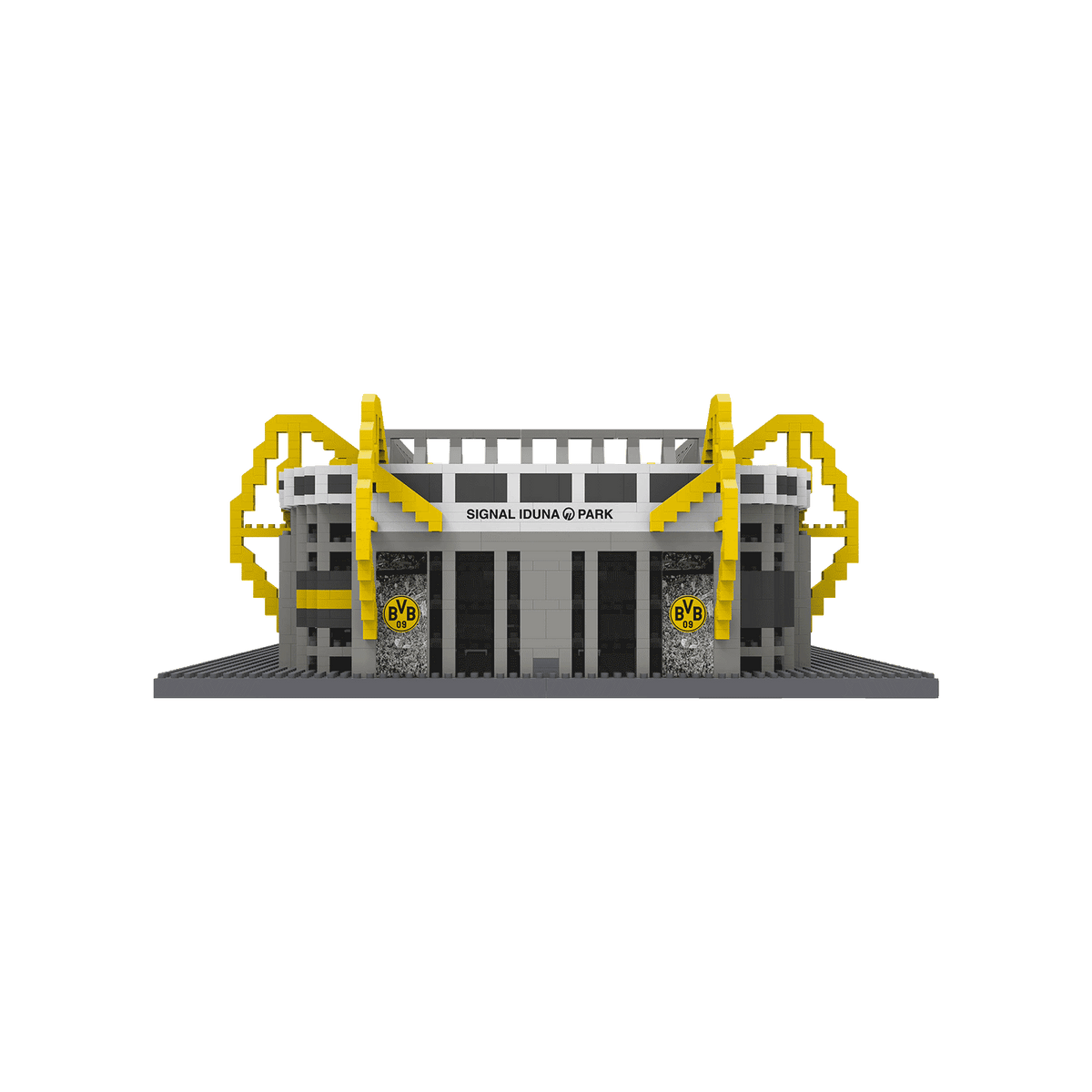 Der BVB SIGNAL IDUNA PARK Bausatz in schwarzgelb, detailgetreu als Modell dargestellt und ideal für Fans von Borussia Dortmund.