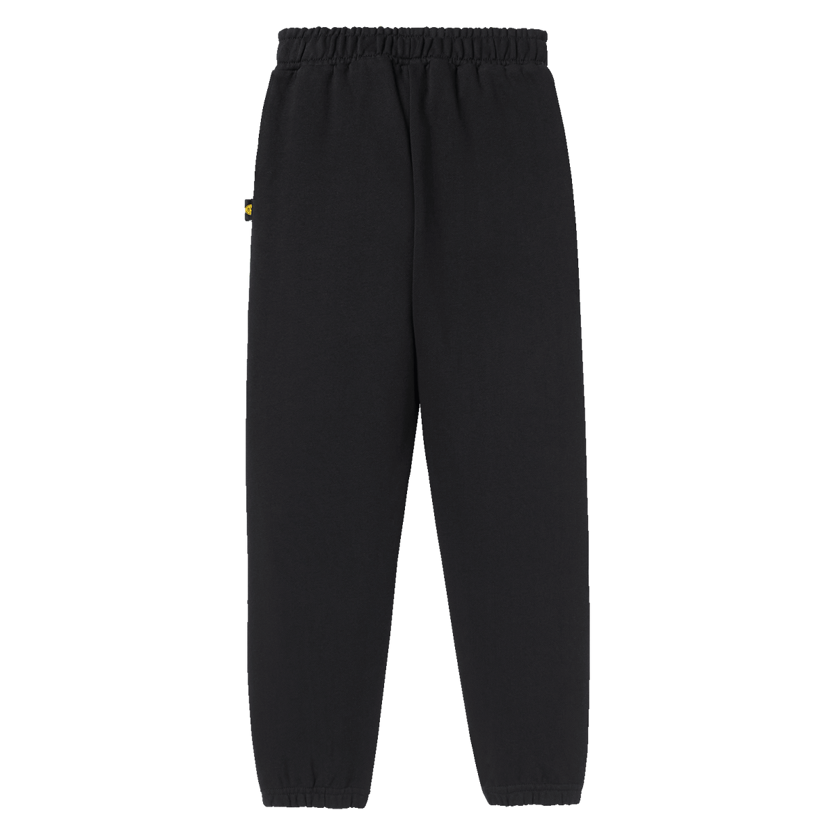 Vista posteriore di un paio di pantaloni da ginnastica neri per bambini del BVB con elastico in vita. Perfetti per i giovani tifosi del Borussia Dortmund, della collezione BVB 2025.
