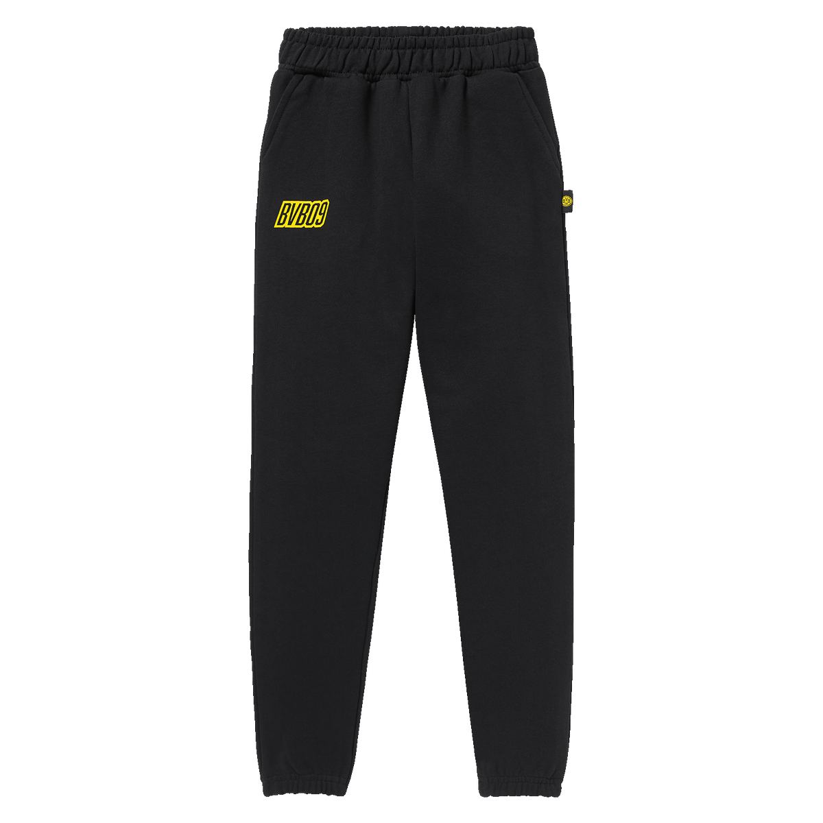 Die BVB Sweatpants für Kinder in schwarz mit gelbem BVB 09 Logo bietet Komfort und Style für Fans von Borussia Dortmund, ideal für Sport und Freizeit.