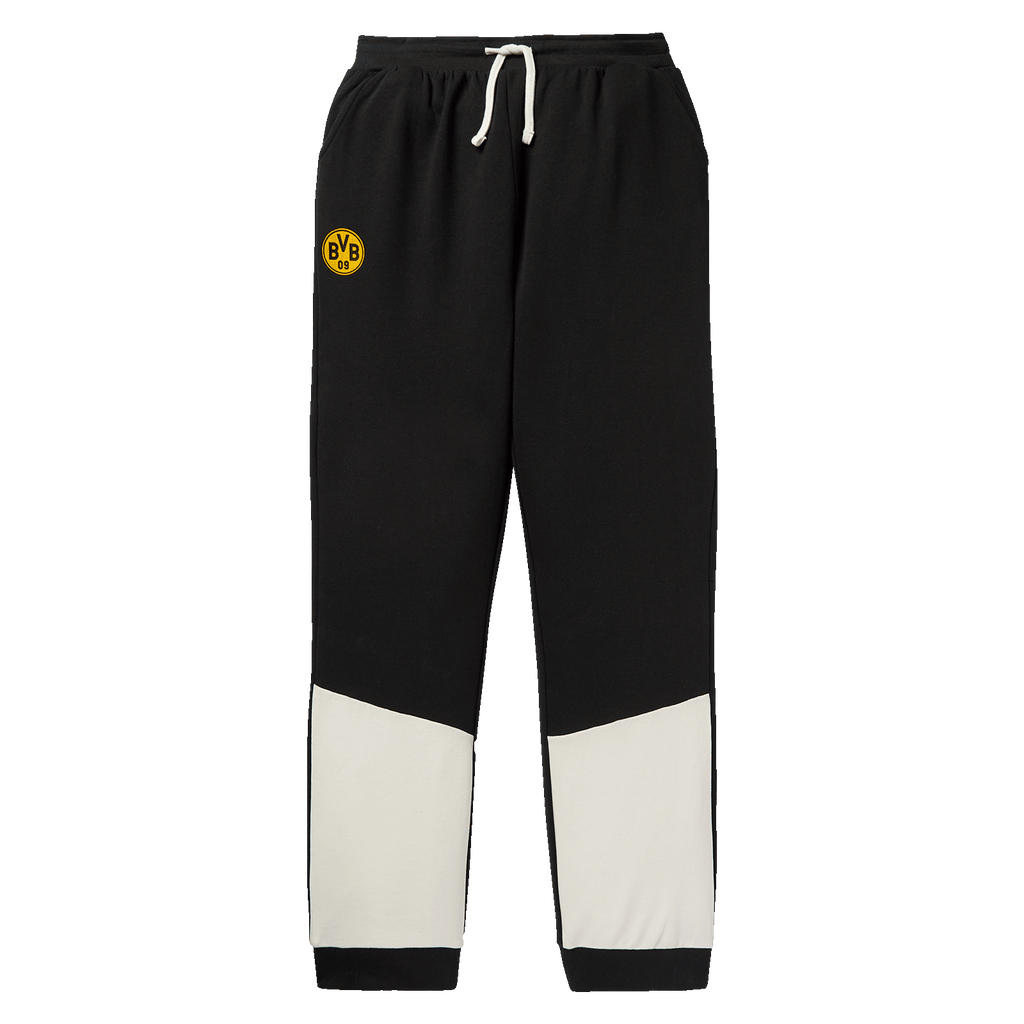 Pantalon de survêtement noir du BVB avec des touches de blanc et le logo du BVB, idéal pour les enfants et les supporters du Borussia Dortmund.