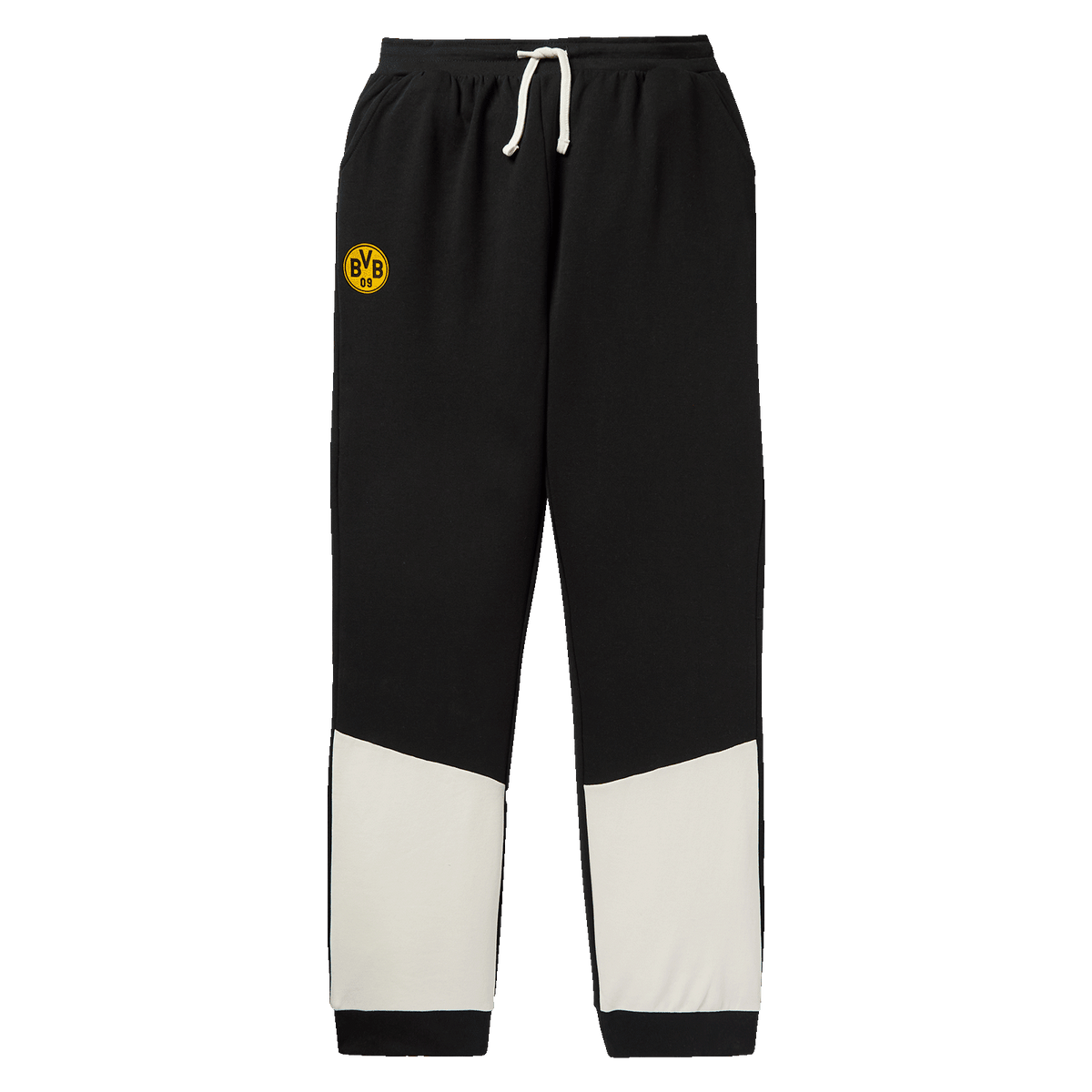 Schwarze BVB Sweatpants mit weißen Farbakzenten und BVB-Logo, ideal für Kinder und Fans von Borussia Dortmund.