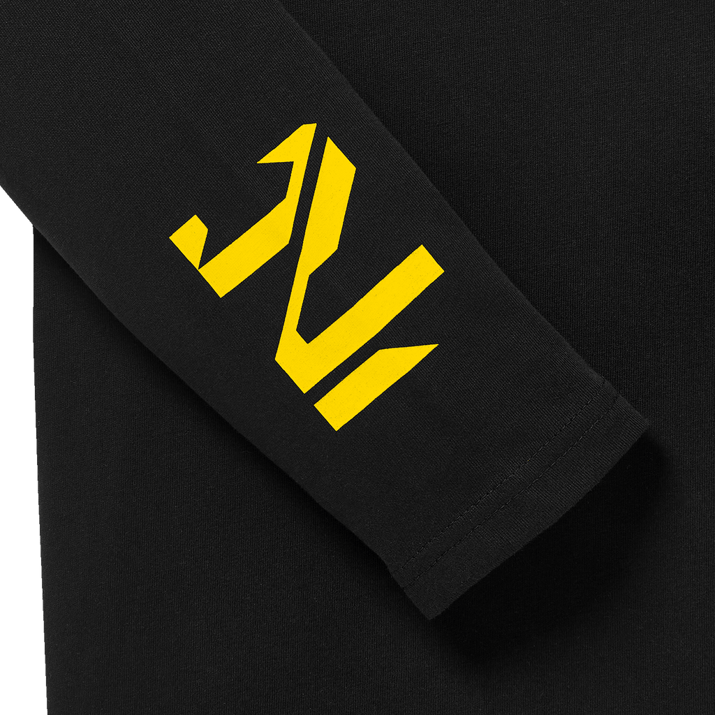 Black BVB long-sleeve shirt for kids with an eye-catching yellow design on the sleeve—the perfect fan merchandise for Borussia Dortmund fans.