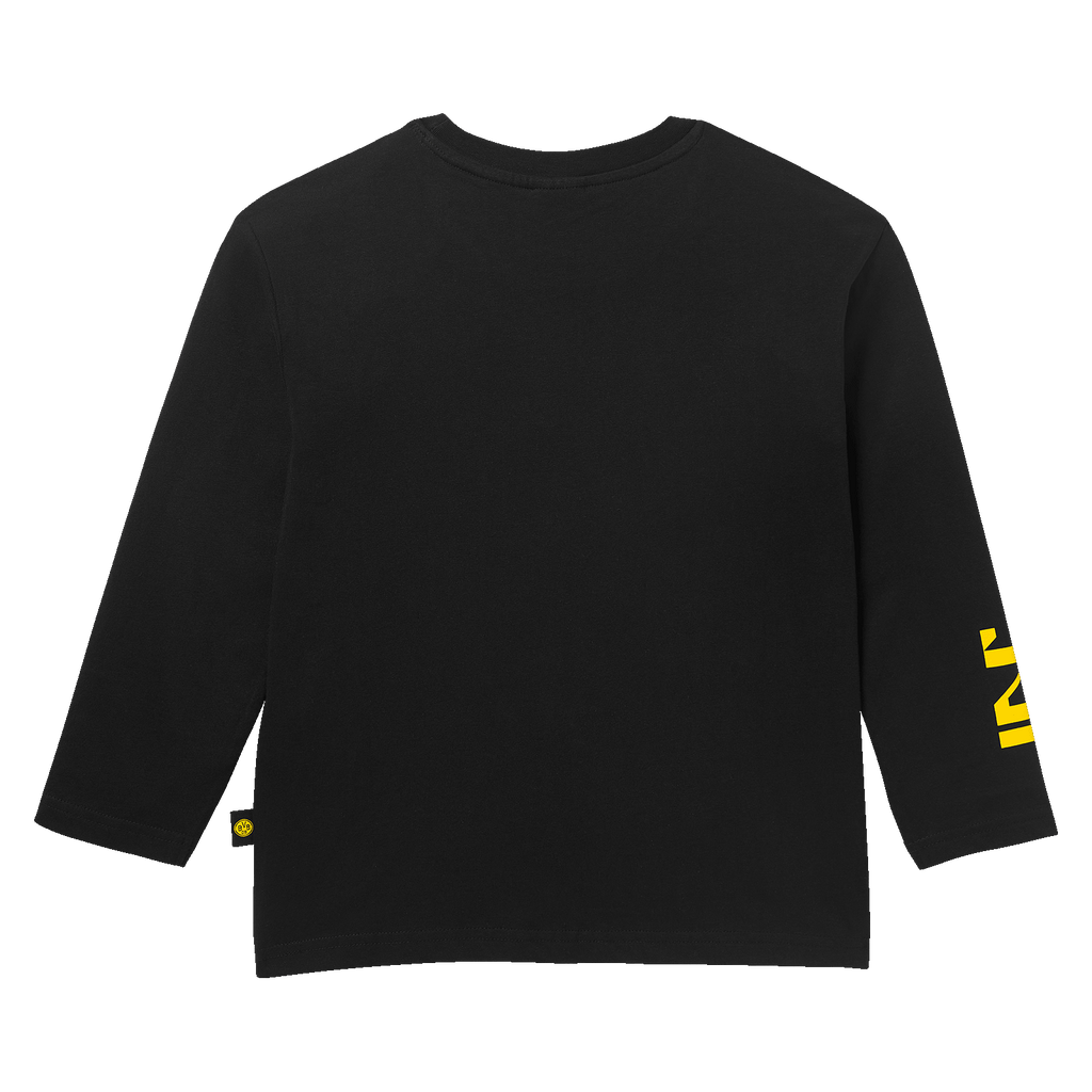 Rear view of a black BVB long-sleeve shirt for kids with a yellow logo on the left sleeve and a simple design.