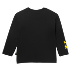 Rear view of a black BVB long-sleeve shirt for kids with a yellow logo on the left sleeve and a simple design.