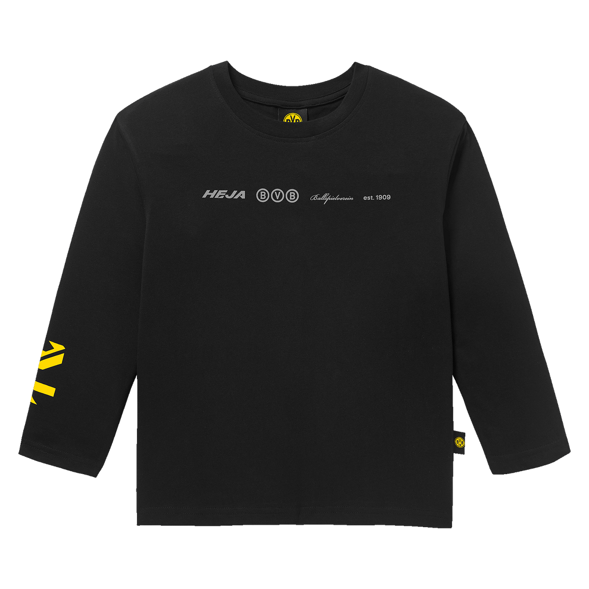 Schwarzes, oversized BVB-Longsleeve für Kinder mit gelben Details und Heja BVB-Print, ideal für kleine Borussia Dortmund Fans.